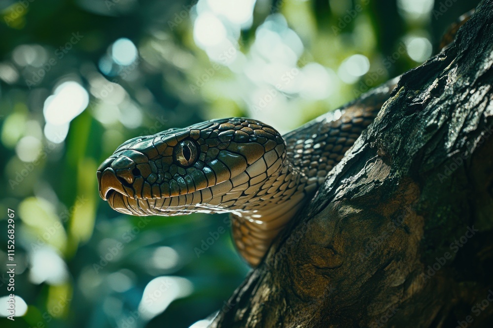 Poster A close-up of a snake resting on a tree branch in a lush, green environment.