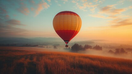 Obraz premium Hot air balloon sunrise over misty field.