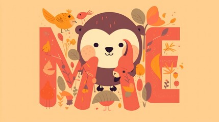Fototapeta premium Cute bear, birds, leaves, floral autumnal design.