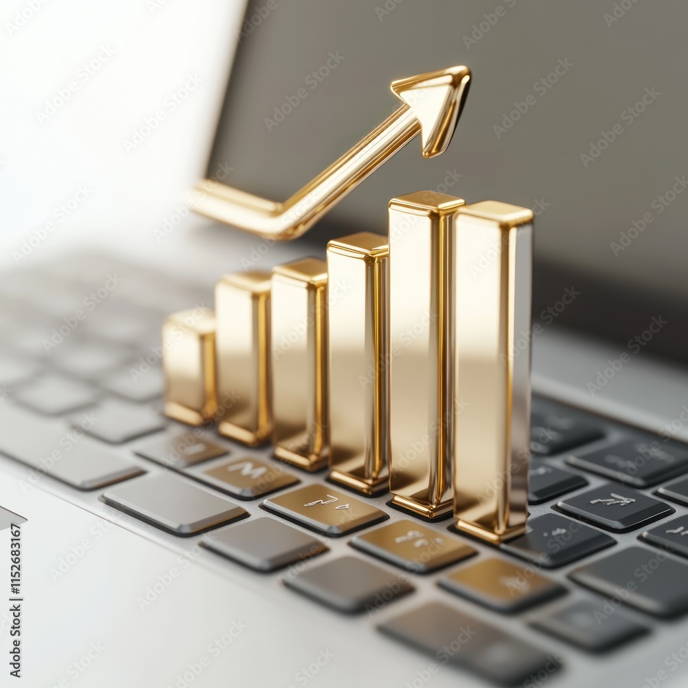 Poster a golden bar chart and upward arrow on a laptop keyboard, symbolizing business growth.
