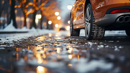 Car Tire On Wet Snowy Road With Lights