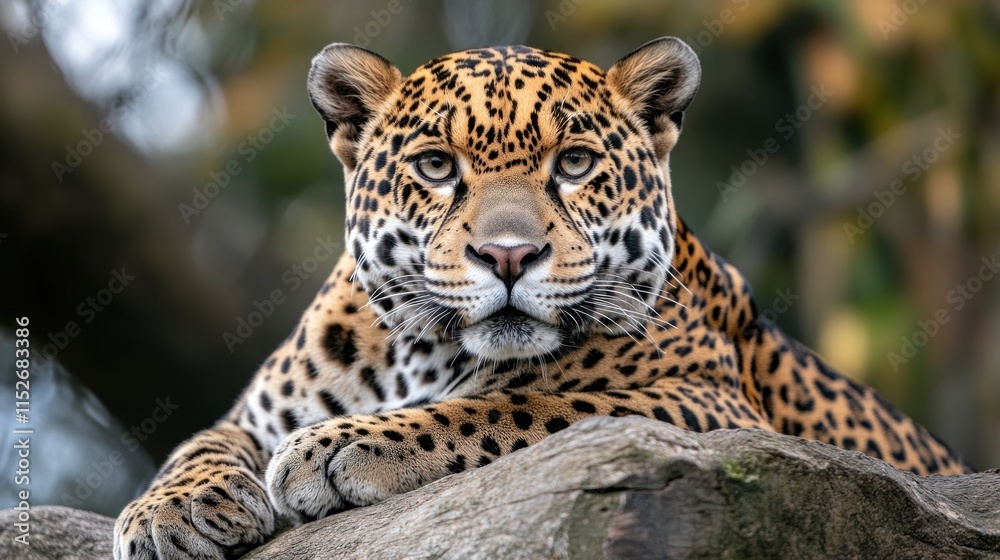 Poster a close-up of a leopard resting on a rock, showcasing its striking coat and calm demeanor.