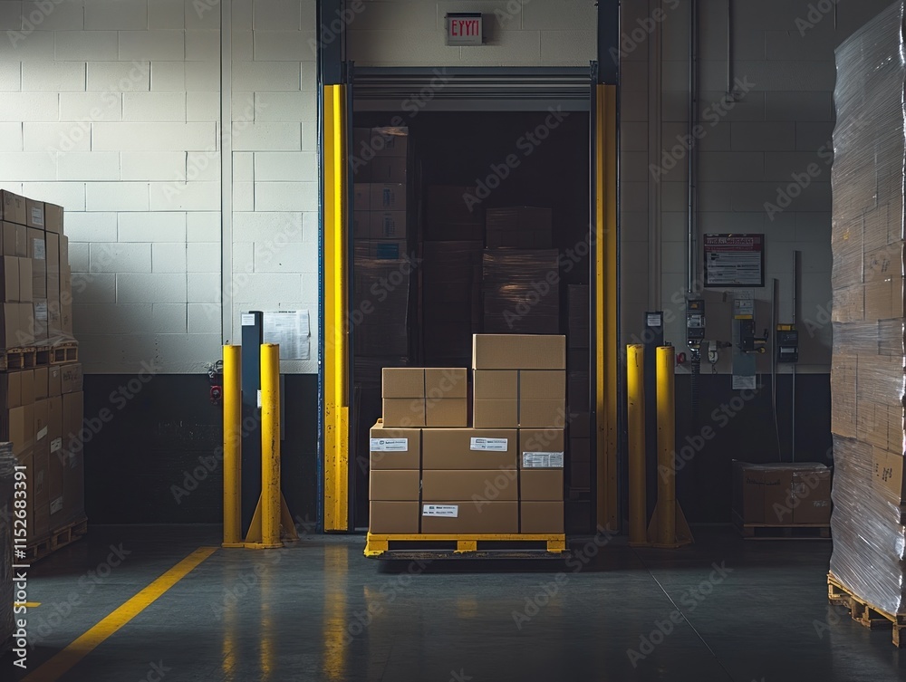 Poster A warehouse scene with stacked boxes and a loading dock in low light.