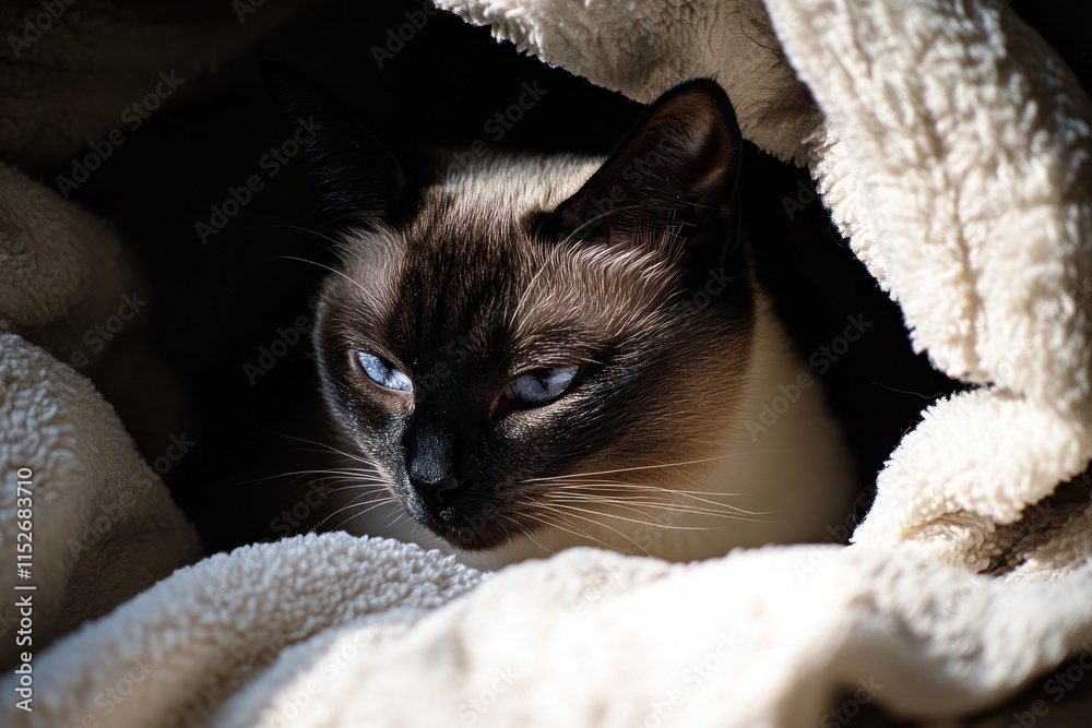 Aufkleber a close-up of a siamese cat nestled in a soft blanket, showcasing its striking features.
