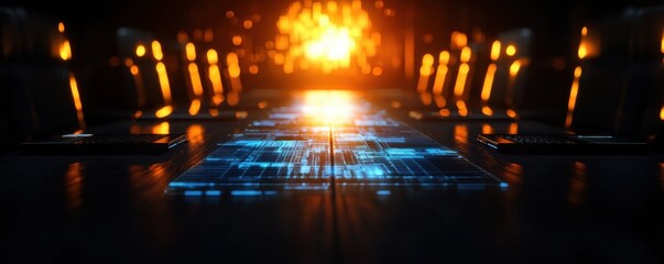 Obraz premium A futuristic corridor with glowing pathways and a bright explosion at the end, creating a dramatic and immersive atmosphere.