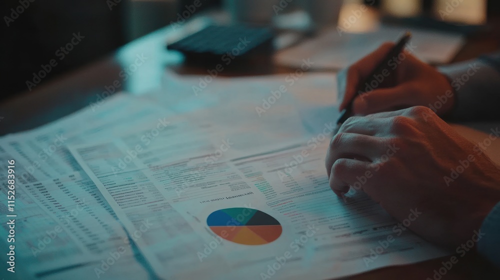 Poster A person analyzing financial documents with charts and calculations.