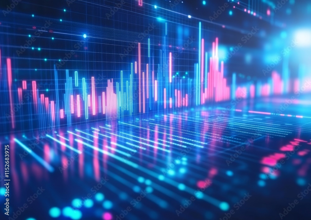 Poster Abstract glowing digital stock market graph with lines and data points reflecting on a surface.