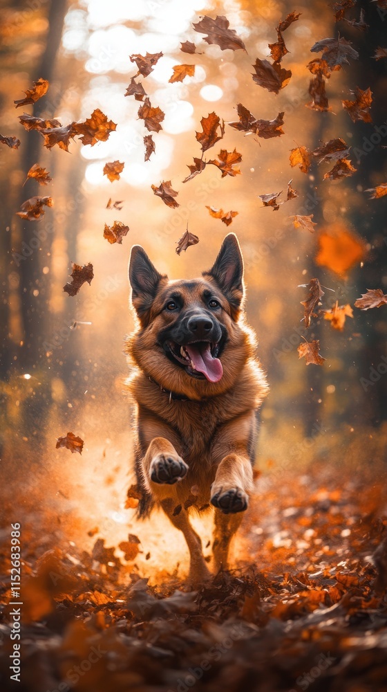 Poster a joyful dog running through an autumn forest, surrounded by falling leaves.