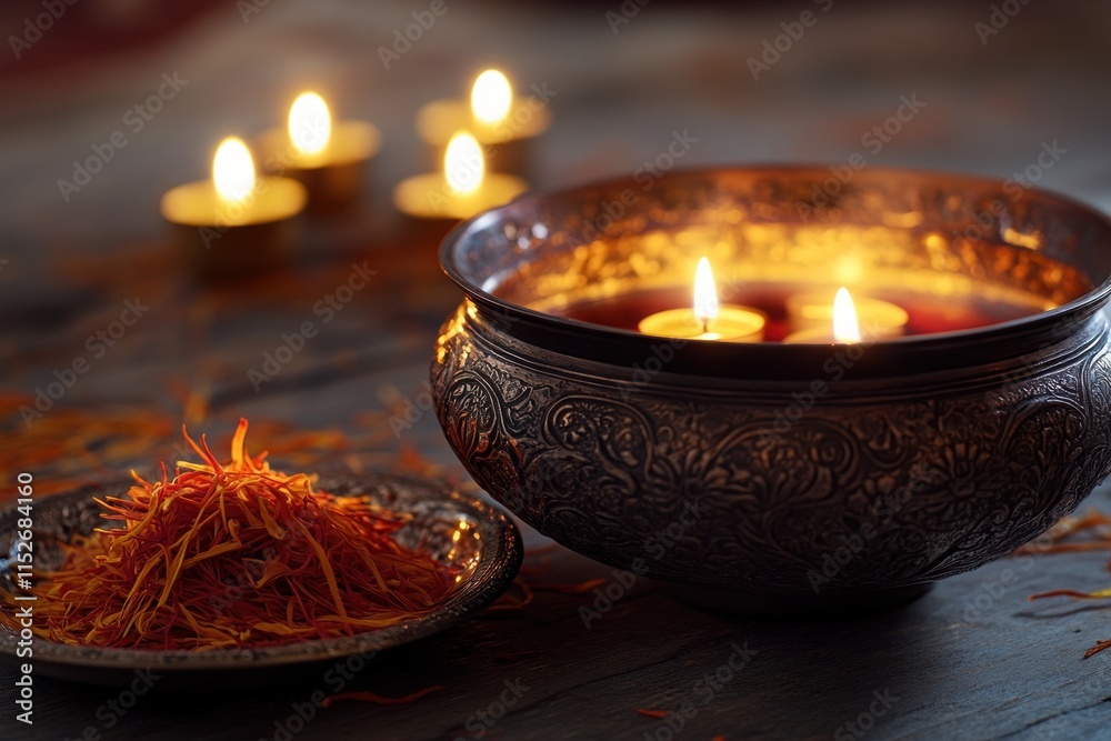 Poster a decorative bowl with candles and saffron, creating a serene and festive atmosphere.