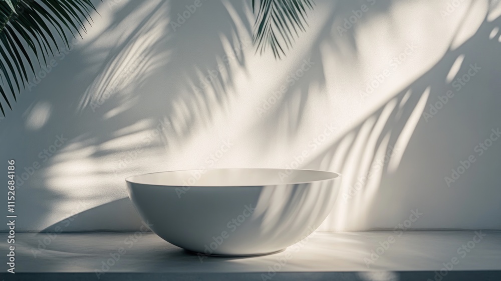 Aufkleber A minimalist bowl on a surface, with shadows from palm leaves creating a serene atmosphere.