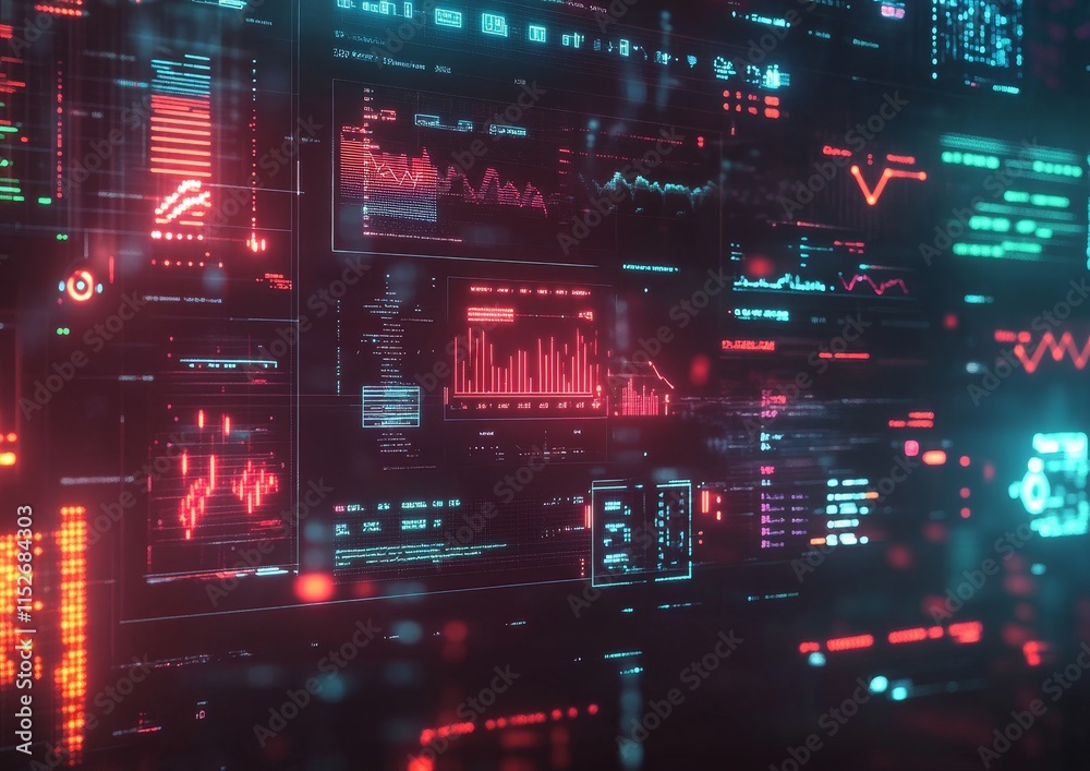 Poster Futuristic digital dashboard with glowing graphs and data visualizations.