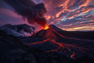 Eruption of a volcano at sunset, with lava flowing down its slopes and dark smoke billowing into a vibrant sky.