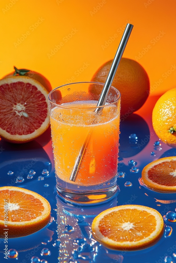 Poster a refreshing citrus drink with oranges and bubbles against a vibrant backdrop.