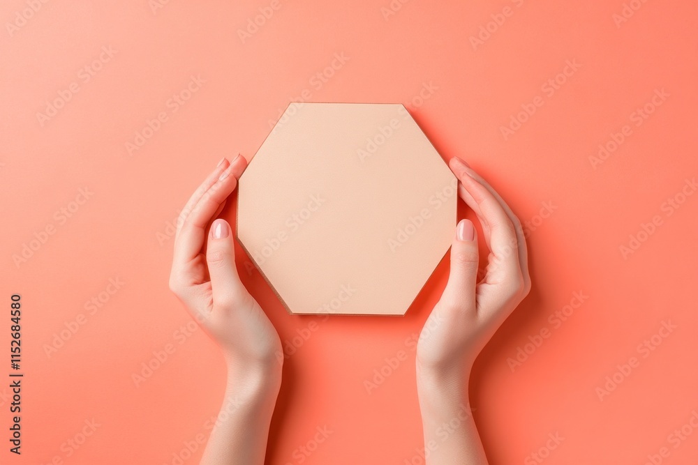 Aufkleber hands holding a hexagonal shape against a coral background.