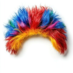 Bold colorful clown wig red-yellow-blue, playful Halloween costume accessory, circus clown wig, synthetic curly wig, party event hairpiece, festive costume design.