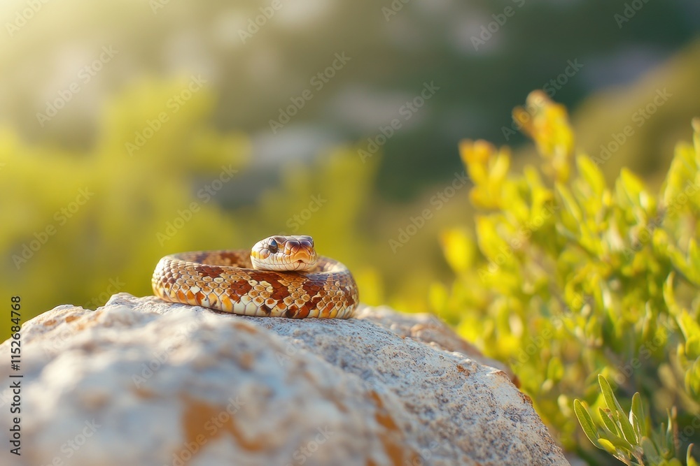 Poster A close-up of a colorful snake resting on a rock in a natural setting.