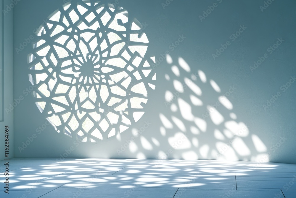 Poster A minimalist interior with intricate light patterns cast by a decorative window.