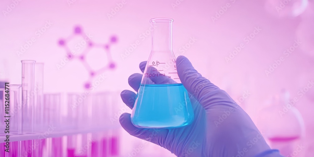 Poster gloved hand holding flask with blue liquid in lab.
