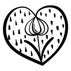 Outline heart with fantasy patterns, coloring page with a flower under raindrops