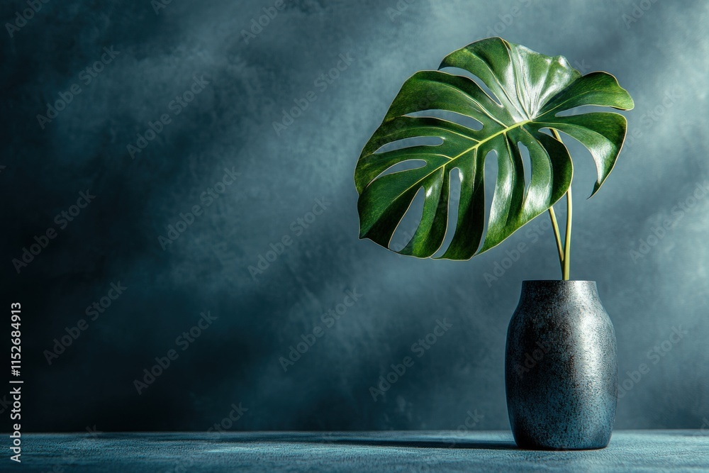 Poster a single large green leaf in a dark vase against a textured backdrop.