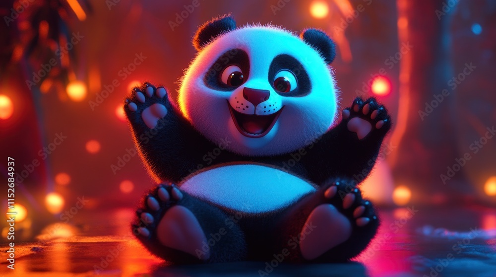 Poster a cute, animated panda character joyfully sitting with a playful expression.