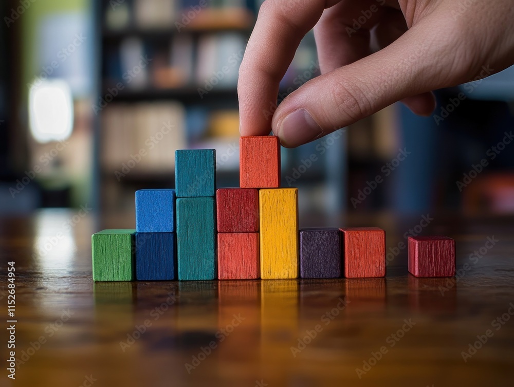 Fototapete a hand arranges colorful wooden blocks into a bar graph-like structure on a wooden table.