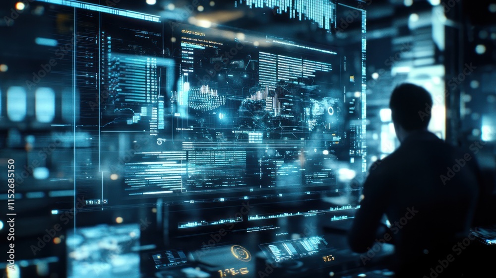 Aufkleber A person analyzing data on a futuristic digital interface with graphs and statistics.