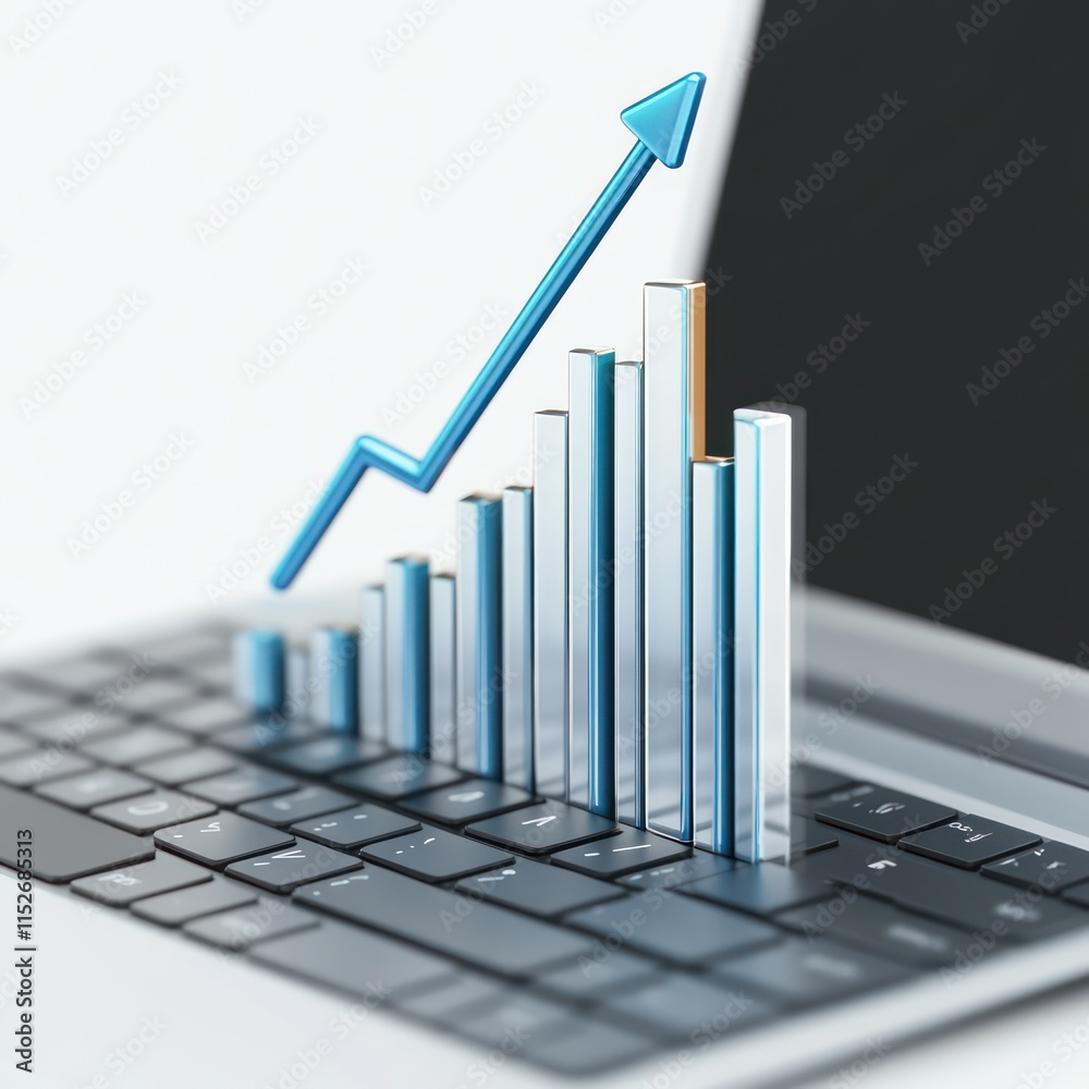 Poster A laptop keyboard with a rising graph symbolizing growth and data analysis.