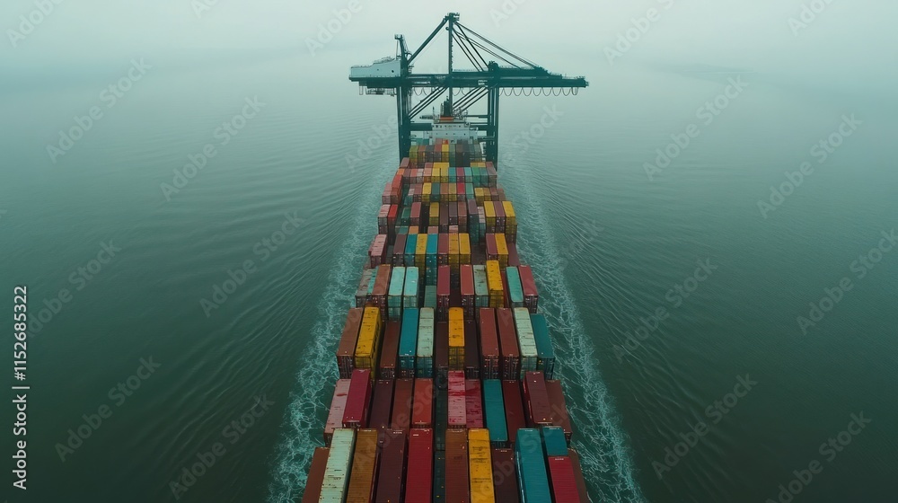 Poster Aerial view of a cargo ship navigating through calm waters, loaded with colorful containers.