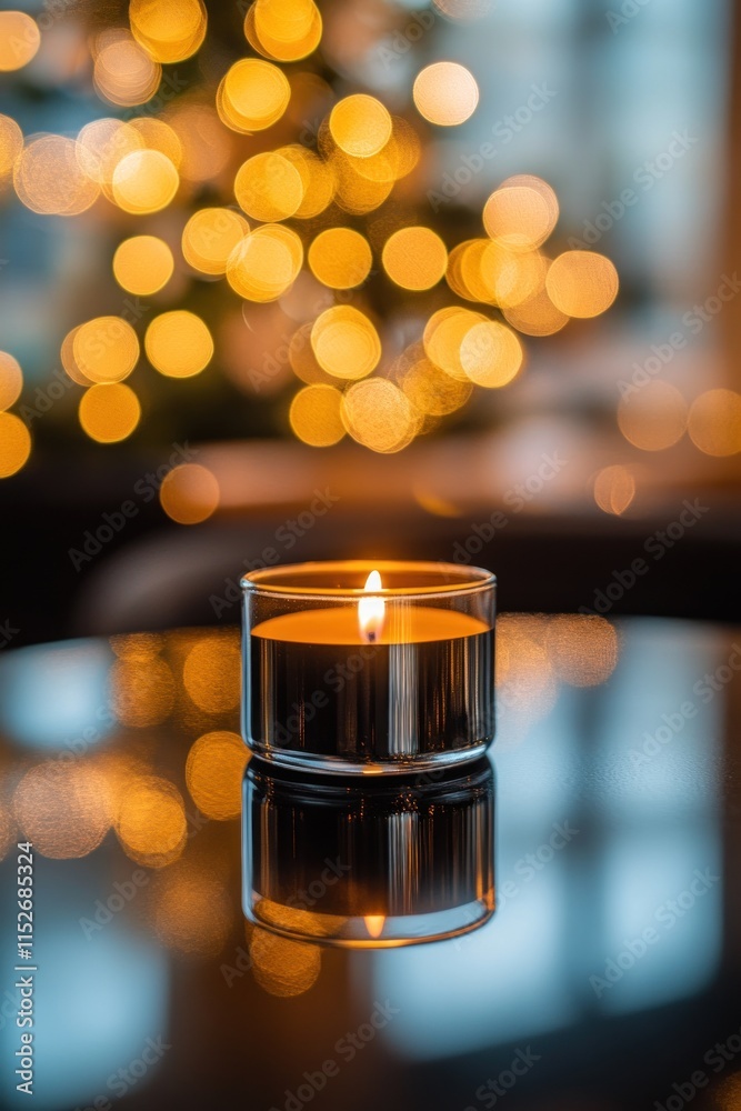 Poster a lit candle on a reflective surface with a warm, blurred background of glowing lights.