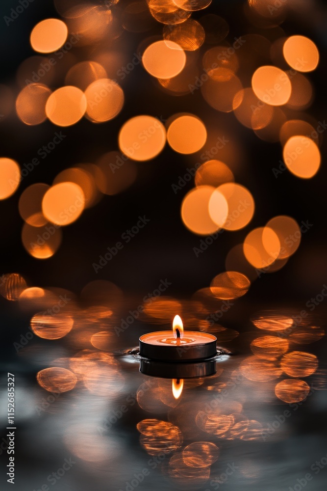 Aufkleber a lit candle floating on water with blurred warm lights in the background.