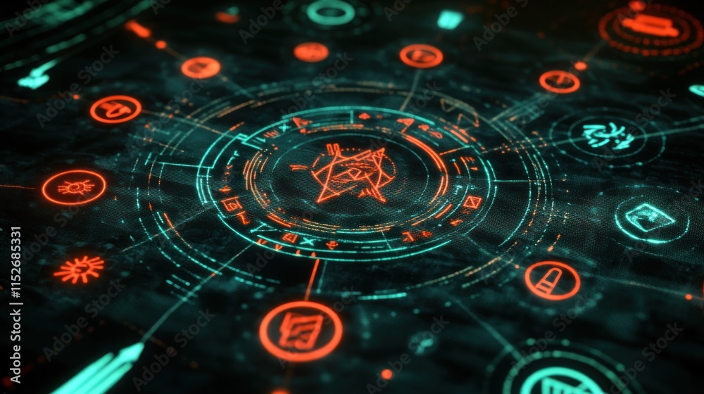 Poster a futuristic digital interface featuring symbols and icons in red and blue hues.