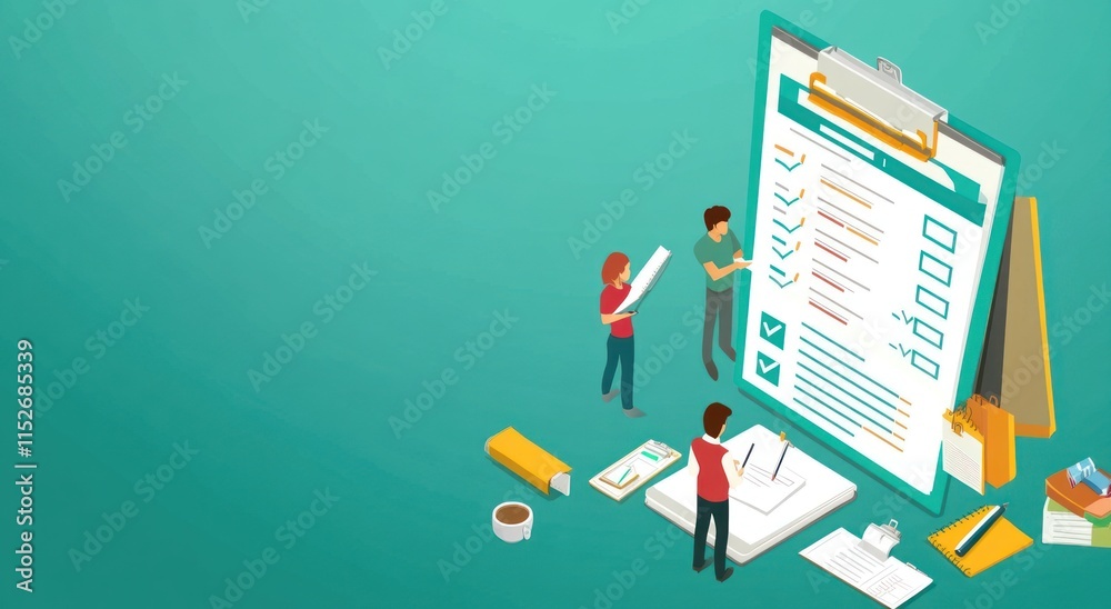 Poster Team members reviewing a checklist with a clipboard and documents in a workspace.
