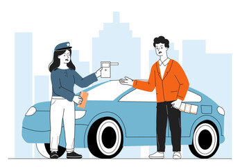 Drunk driver at road. Traffic police officer with man near automobile. Driver violates traffic rules. Policewoman with blood alcohol test. Penalty and control. Linear vector illustration