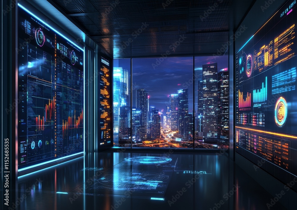 Poster futuristic control room with city view & holographic displays showing data analytics.
