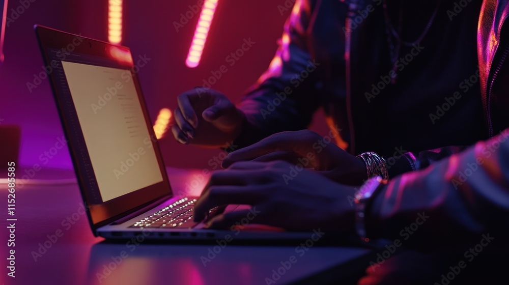 Poster a person typing on a laptop with colorful lighting in the background.