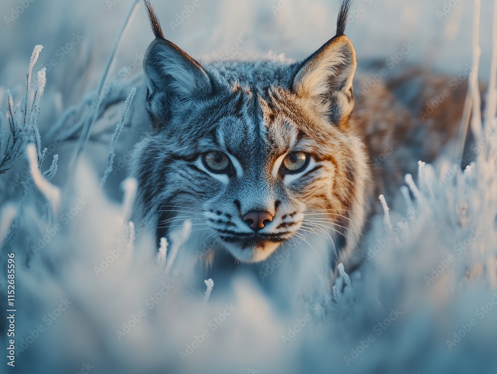 Poster a close-up of a lynx in a frosty landscape, highlighting its striking features.