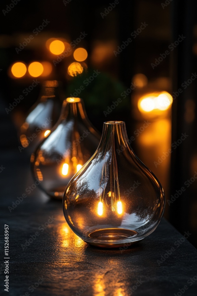 Aufkleber a serene display of glass lamps casting warm light in a dimly lit setting.