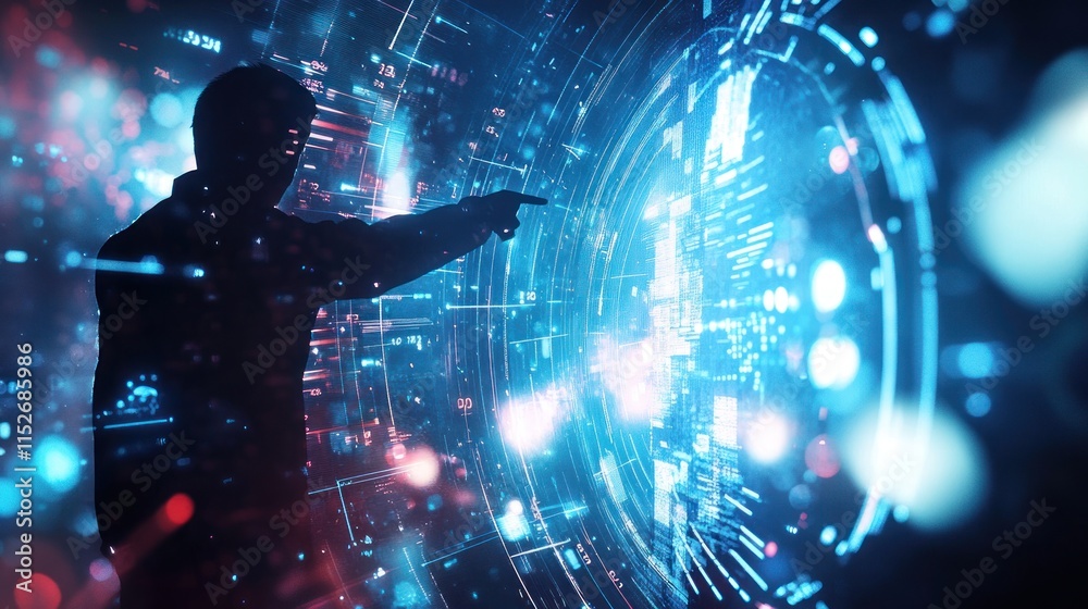 Aufkleber A silhouette interacts with a digital interface surrounded by glowing data elements.