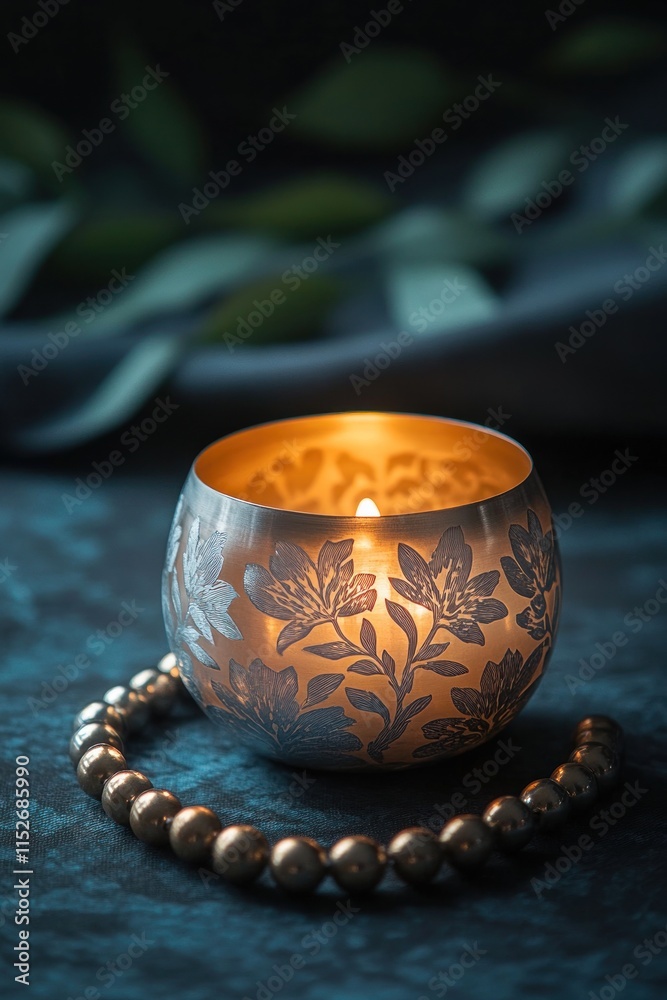 Aufkleber a lit candle in a decorative holder surrounded by beads, creating a serene atmosphere.