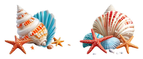 Colorful seashells and starfish arrangement beach shoreline photography natural environment close-up view coastal beauty