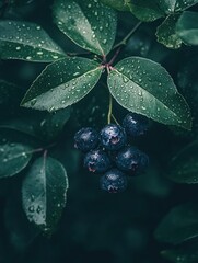A cluster of dark blueberries surrounded by green leaves, glistening with raindrops.