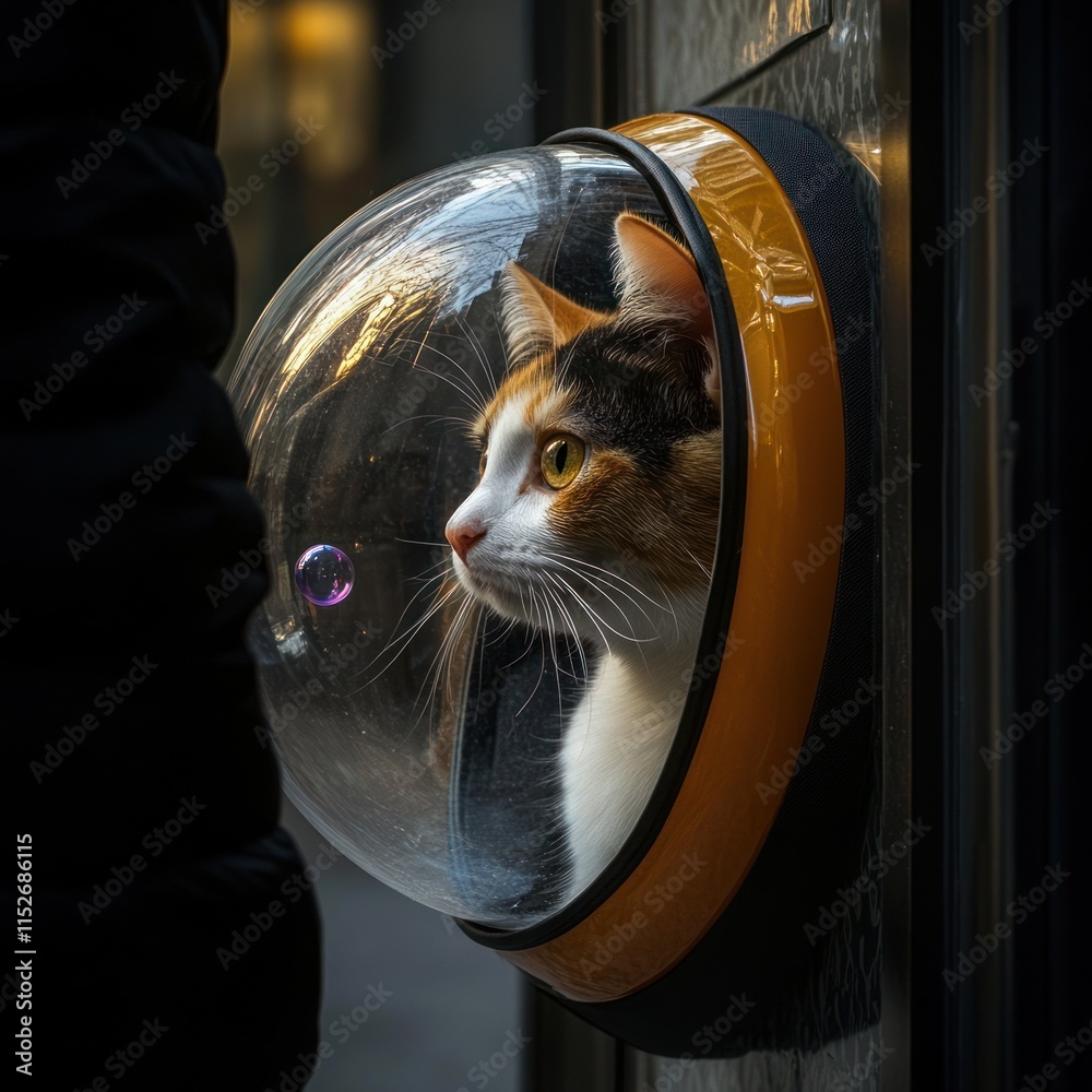 Poster a cat gazes out from a transparent bubble entrance, with a bubble floating nearby.