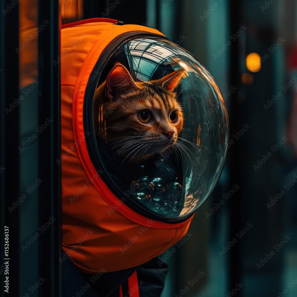 Poster a cat in an astronaut suit gazes out from a space-themed environment.