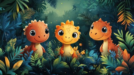 Three cute baby dinosaurs in lush jungle.