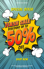 Background colorful promotional poster for a flash sale offering discounts up to 50% off