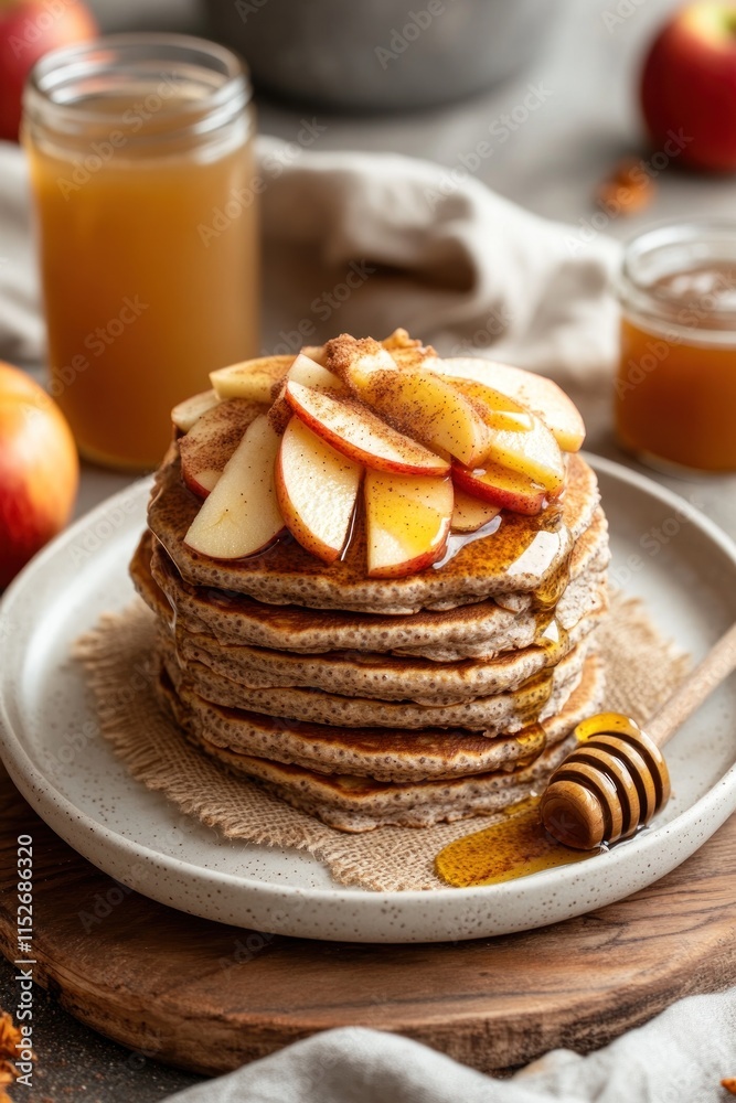 Poster a stack of pancakes topped with apple slices and honey, served with apple juice.