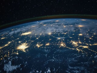 Obraz premium A view of Earth from space, showcasing illuminated cities and natural features at night.
