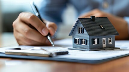 Person signing real estate documents with a model house nearby.