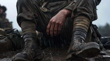 Close-up of a soldier's muddy boots and hand in heavy rain